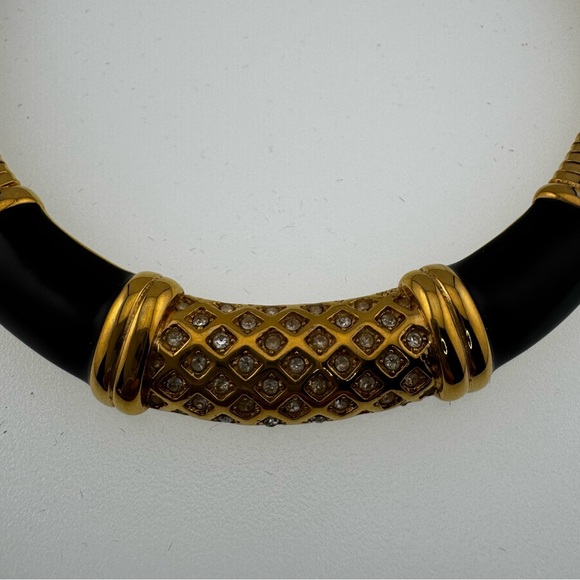 Vintage 1980 Monet Gold and Black Enamel Statement Necklace with Rhinestone - Picture 3 of 11
